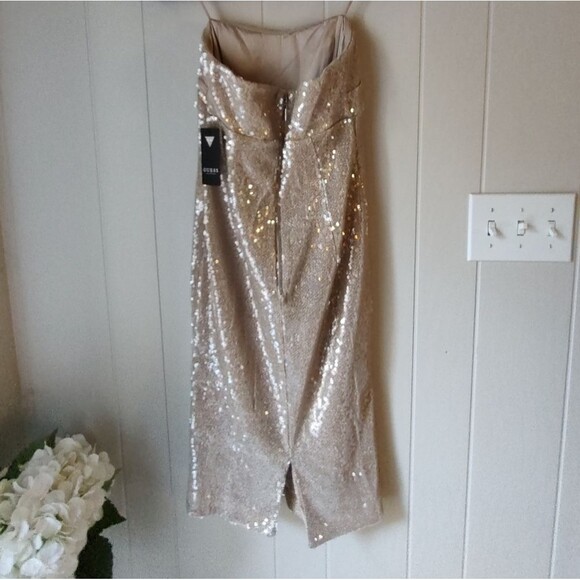 GUESS Champagne Beige Strapless Sequin Mini Dress Size 2 Cocktail Party Look - Picture 8 of 11